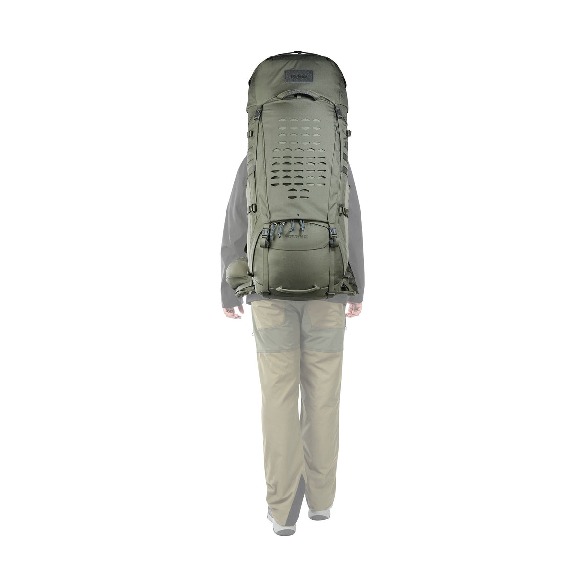 Back view of person using the 70/10 litre Tatonka branded Yukon BC pack - Stone Grey Olive