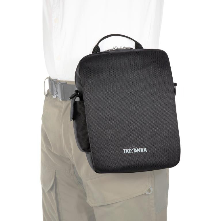 Artists' impression of Tatonka XL check-in RFID bag mounted on belt using universal belt loop on the back - Black