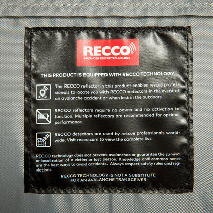 RECCO® reflector label = enables rescue professionals to locate you with RECCO® detectors. Reflectors require no power and no activation. Multiple reflectors are recommended for optimal performance. RECCO® detectors are used by rescue professionals worldwide. RECCO® technology does not prevent avalanches or guarantee the survival or localization of a victim or lost person.