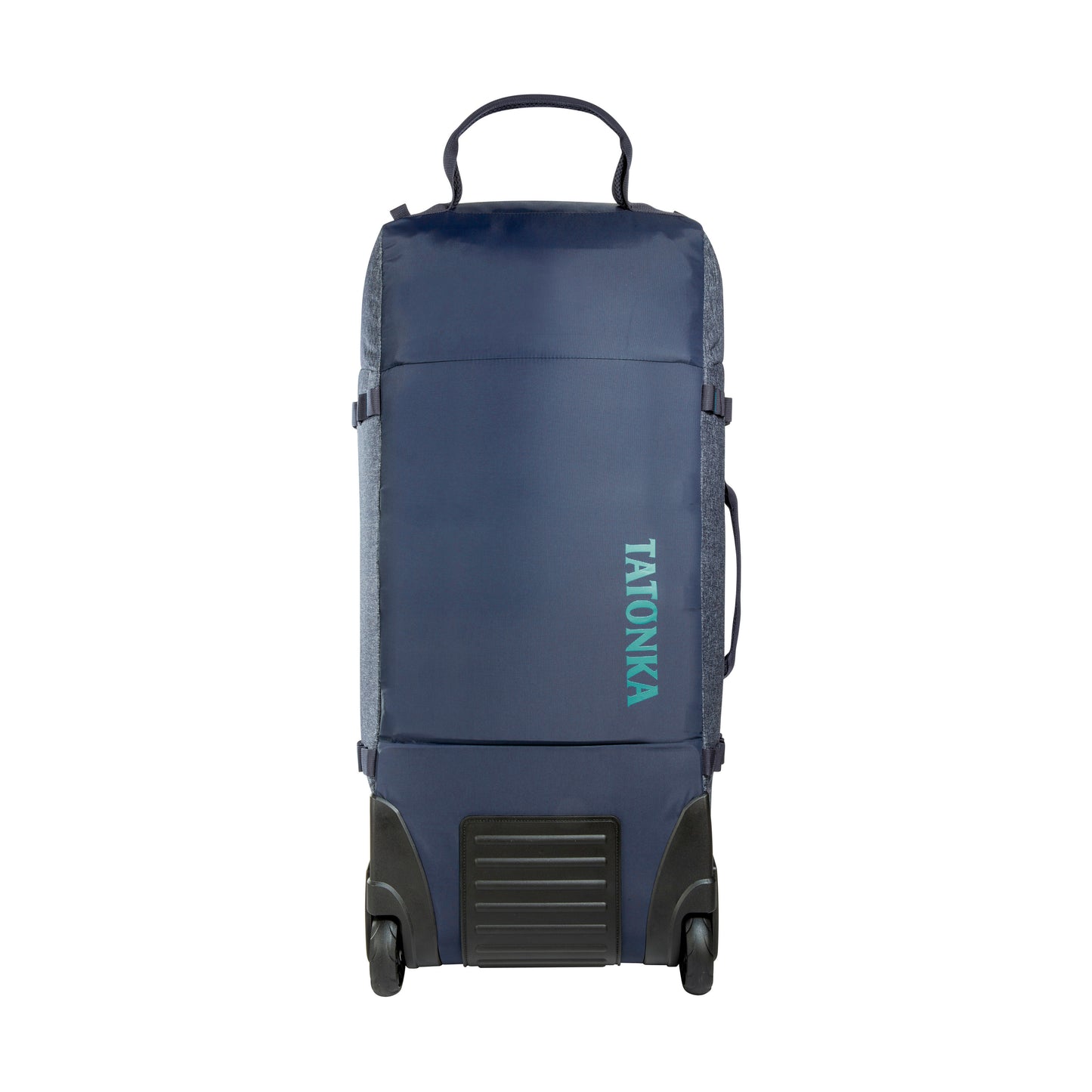 Front view of Tatonka Duffel Roller with grab handle on top, compression straps at side and wheels on facing bottom edge - Navy