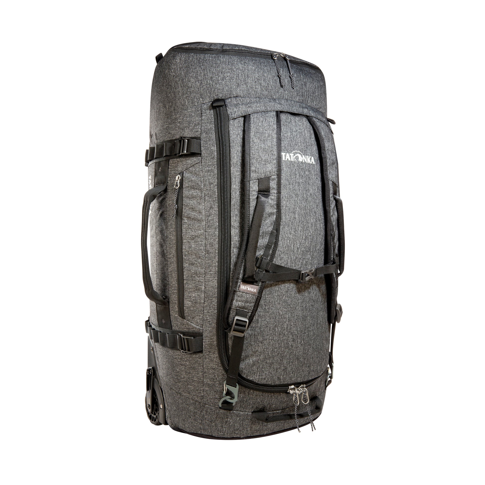 Back three-quarter view of Tatonka Duffel Roller with side zip pocket and compression straps, stowaway shoulder straps, grab handles on top and side, large zip opening for main compartment with lockable zip slider – Black