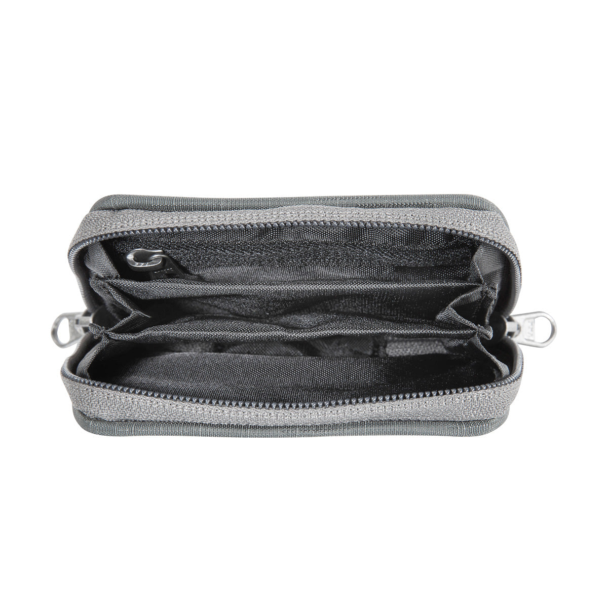 Overhead view of Tatonka plain wallet fully unzipped to show one of two internal zip pockets and internal compartments – Titan Grey