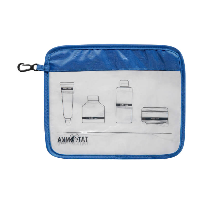 Rear view of the transparent Tatonka branded Zip Flight Bag with practical hanging clip hook. Measures 22 by 18 cm – Clear with blue binding