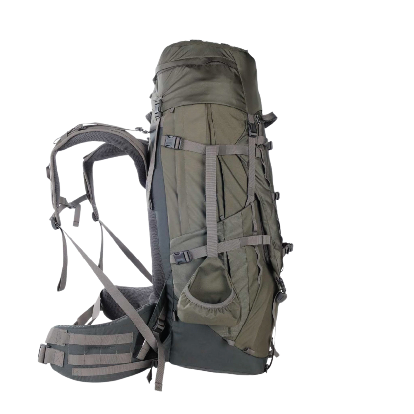 Side view of Tatonka Bison Pro hunting pack featuring sleeve, pocket and compression straps. Shown with rifle scabbard attached to compression strap - Stone Grey Olive