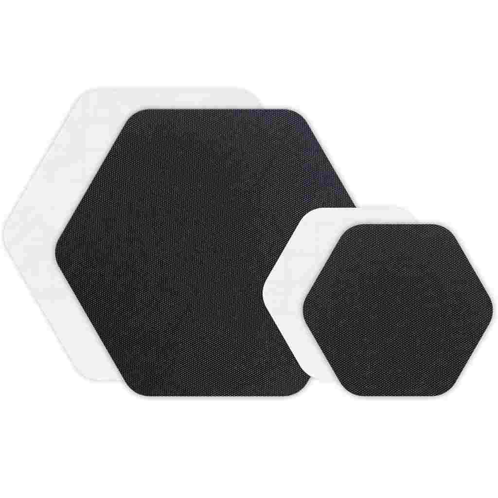 Set of 8 Gear Aid Tenacious Tape Repair Hex Patches can be placed along seams and zippers without hand trimming. Ultra-aggressive adhesive won’t peel off when applied to technical fabrics. Set contains 2 XS, 2 S, 2 L, and 2 XL patches - Black / Clear
