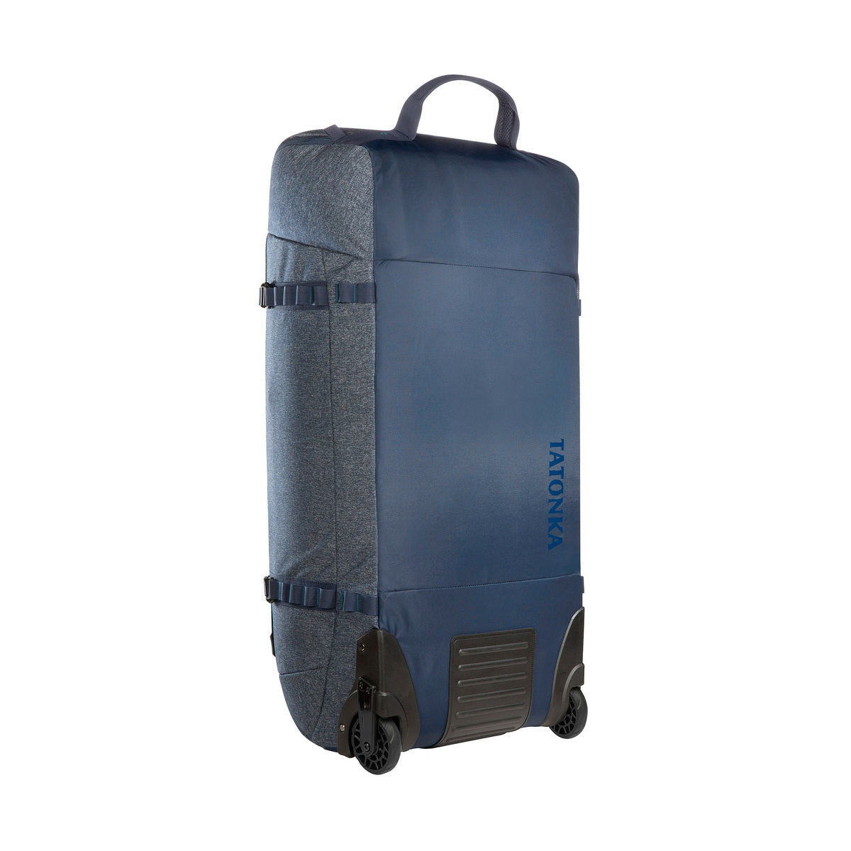 Front three-quarter view of 105 litre Tatonka Duffel Roller with grab handle on top, compression straps at side and wheels on facing bottom edge - Navy