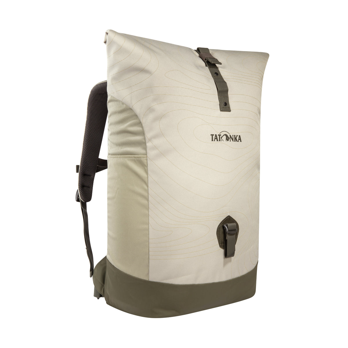 Front three quarter view of thirty-four litre Tatonka roll top bag with thick, padded and adjustable shoulder straps, roll top closure, grab handle, side pocket and bike light attachment – Brown Rice Curve