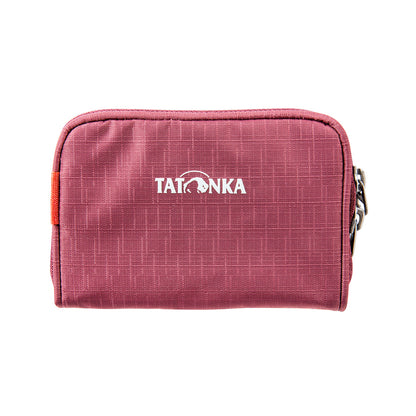 Front view of Tatonka branded plain wallet with all-round zip, extensive padding, and measuring 13 by 9 by 2 centimetres – Bordeaux Red | Ships Within New Zealand