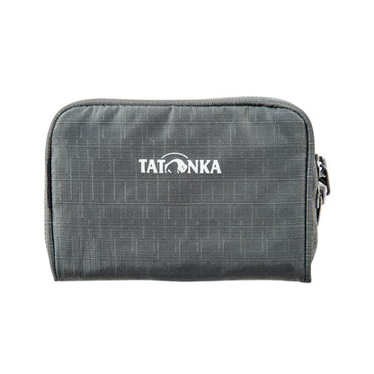 Front view of Tatonka branded plain wallet with all-round zip, extensive padding, and measuring 13 by 9 by 2 centimetres – Titan Grey