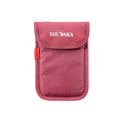 Front view of a padded Tatonka branded Smartphone Case for everyday carry and travel, providing rapid access to your phone while protecting it from knocks. Hook and loop closure keeps phone secure, and built-in drawstring lets you lift phone out easily. Measures 9.5 by 14 by 1 cm – Bordeaux Red