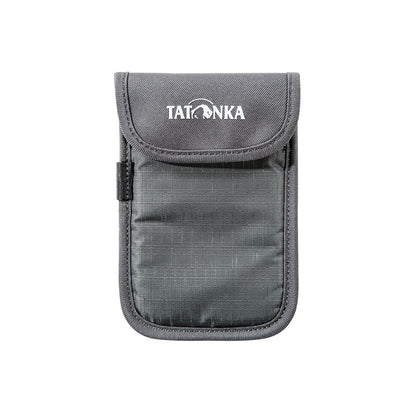 Front view of a padded Tatonka branded Smartphone Case for everyday carry and travel, providing rapid access to your phone while protecting it from knocks. Hook and loop closure keeps phone secure, and built-in drawstring lets you lift phone out easily. Measures 9.5 by 14 by 1 cm – Titan Grey| Ships Within New Zealand
