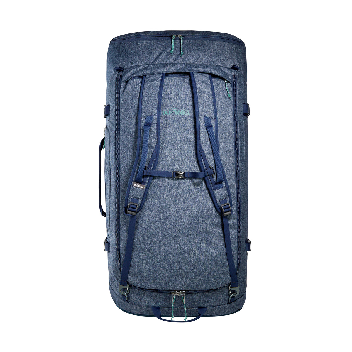 Back view of 140 litre Tatonka Duffel Roller with side zip pocket and compression straps, stowaway shoulder straps, grab handles on top and side, large zip opening for main compartment with lockable zip slider – Navy