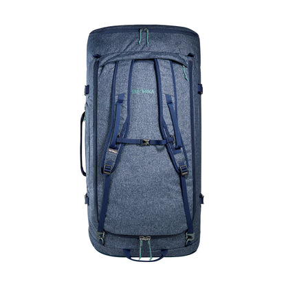Back view of 140 litre Tatonka Duffel Roller with side zip pocket and compression straps, stowaway shoulder straps, grab handles on top and side, large zip opening for main compartment with lockable zip slider – Navy