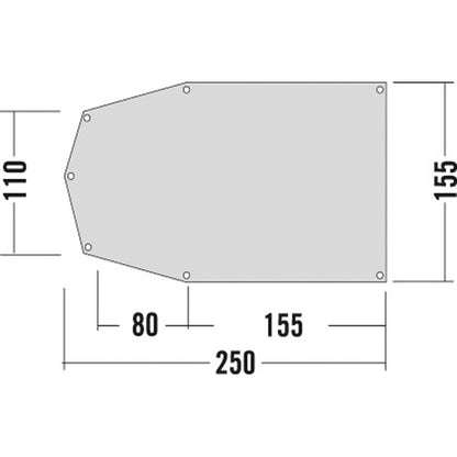 Schematic for Tatonka tent ground sheet in grey with eyelets in each corner for the option of fixation. 250 x 155 cm. Designed for use with the Narvik 3, Groenland 2 but also works with the Koli 1. Weight: 400 g  | Ships Within New Zealand