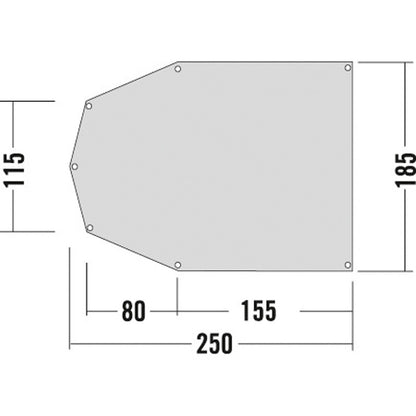 Schematic for Tatonka tent ground sheet in grey with eyelets in each corner for the option of fixation. 250 x 185 cm. Designed for use with the Orbit 3. Weight: 420 g  