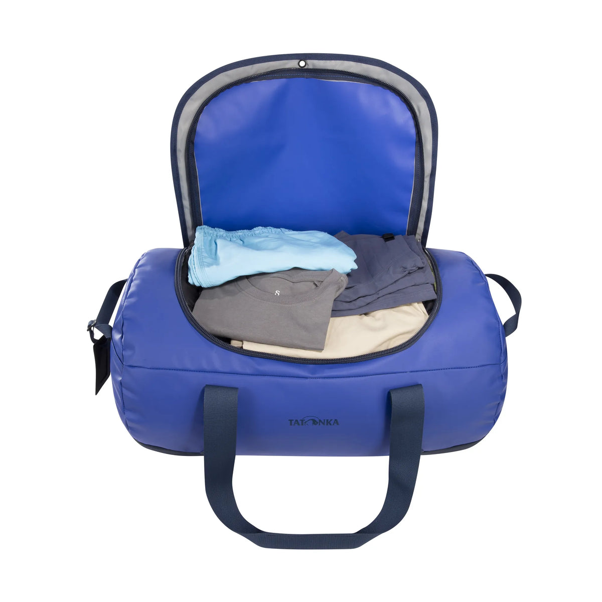 Open view packed with clothes of the Tatonka Basic Barrel 65 L in matte blue | TADI.6981.410