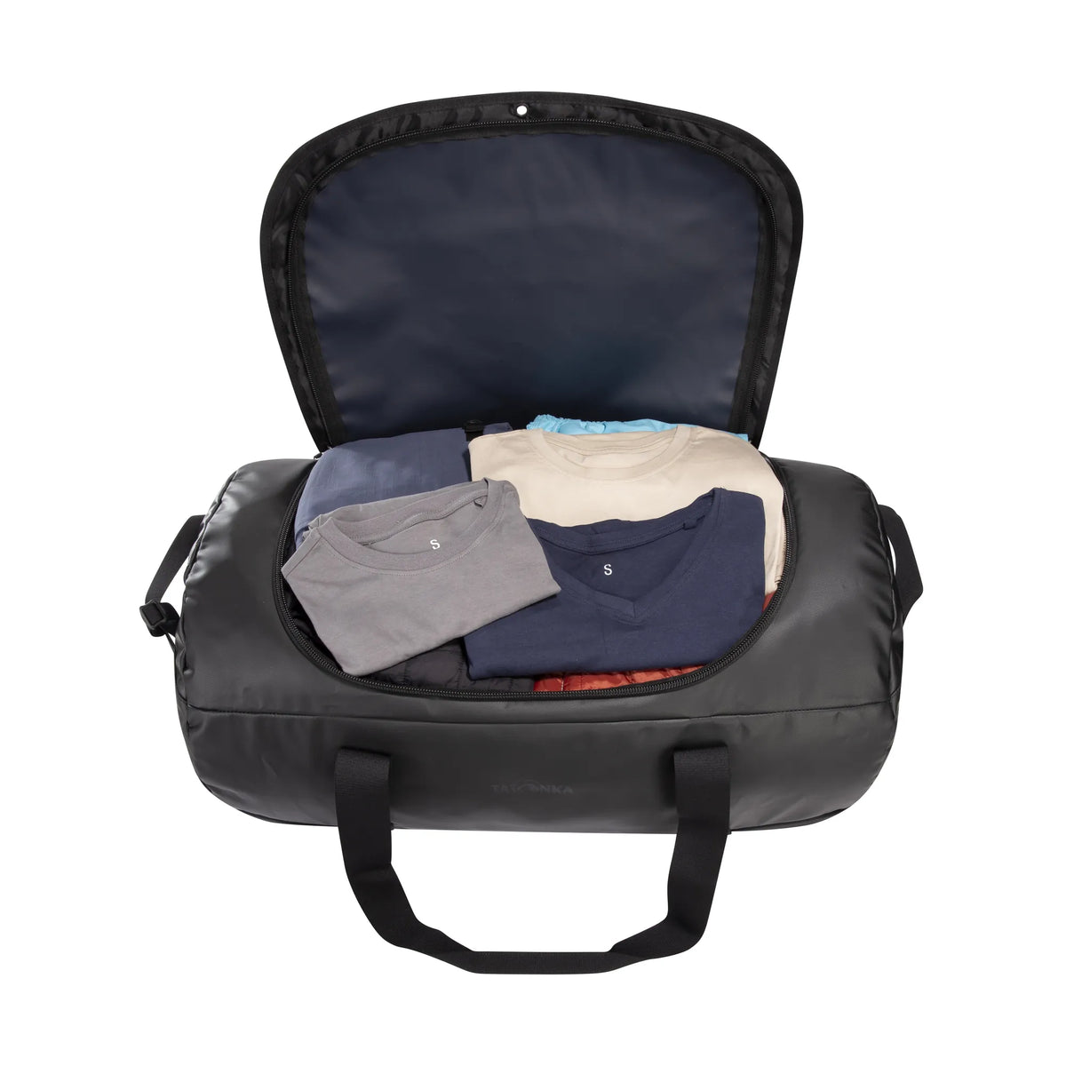Open view packed with clothes of the Tatonka Basic Barrel 85 L in matte black | TADI.6982.408