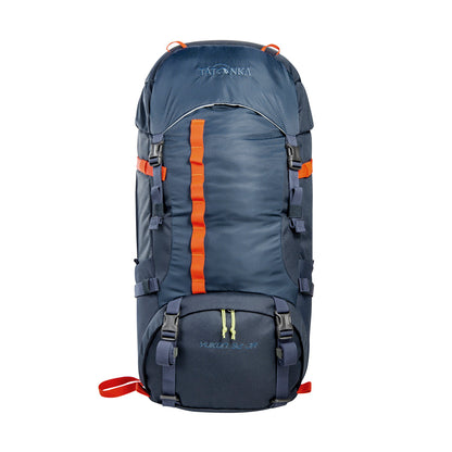 Front view of 32 litre Tatonka branded Yukon 32 JR pack with load control straps, side compression straps, compression around perimeter of base, zipped side pockets with expansion pleats and standard side pockets. Also features Gear loops on lid, front daisy chain, and hiking pole fixation points – Navy with Orange highlights