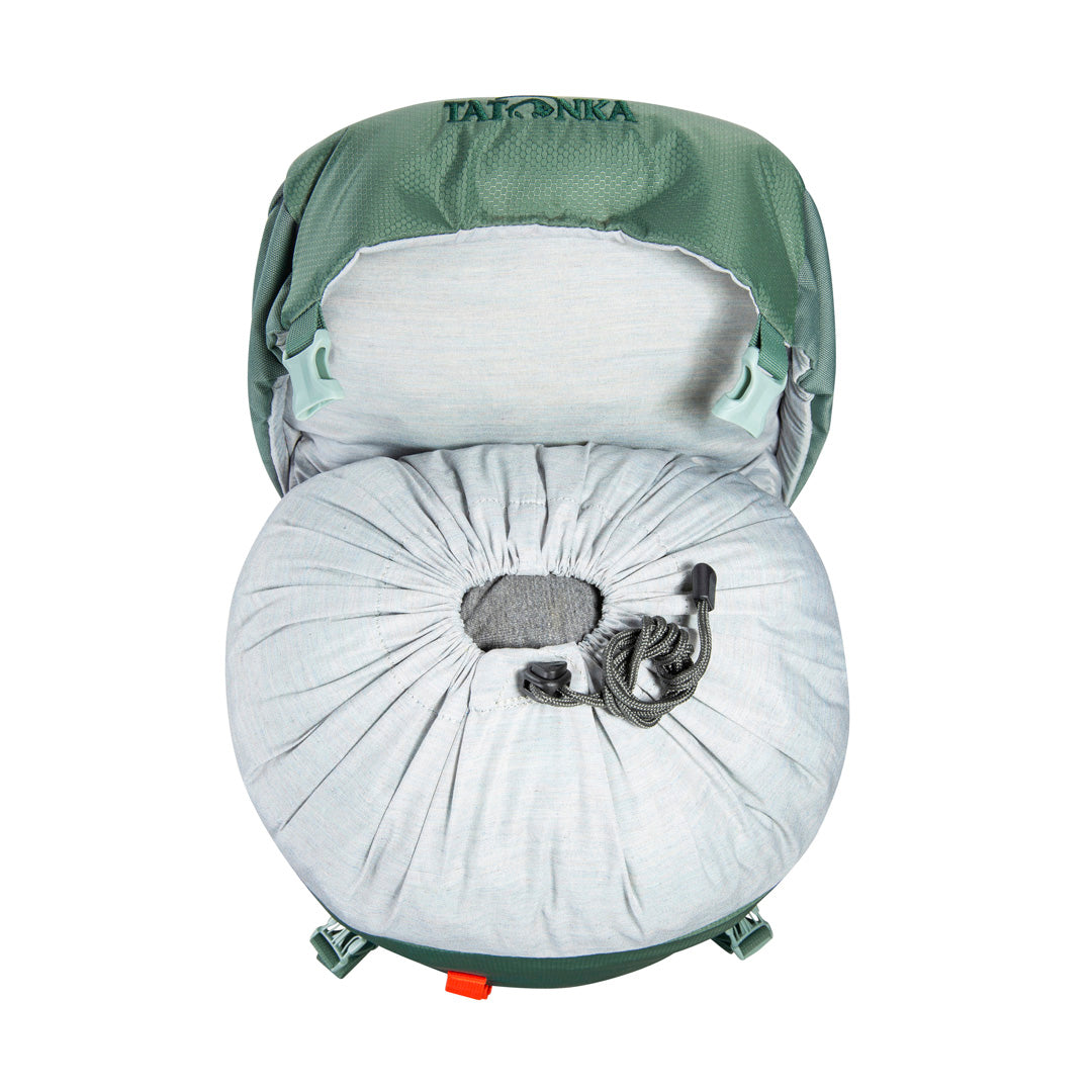 Overhead view of 32 litre Tatonka branded Yukon 32 JR pack showing the throat extension with draw cord pulled tight - Sage Green