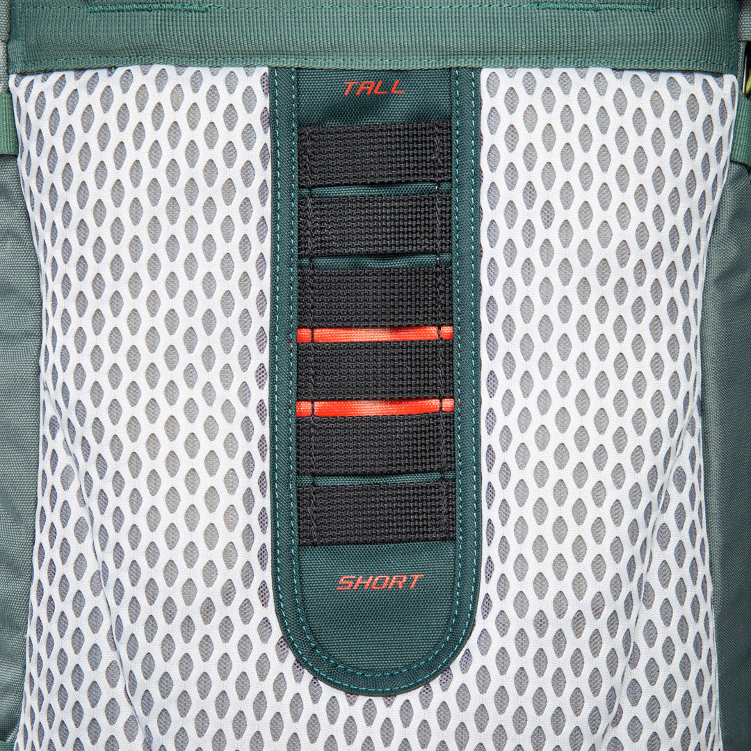Close up view of V Comfort Vario carrying system on 32 litre Tatonka branded Yukon 32 JR pack with six settings from short to tall