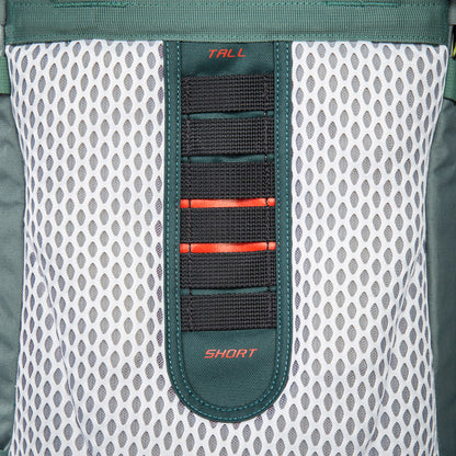 Close up view of V Comfort Vario carrying system on 32 litre Tatonka branded Yukon 32 JR pack with six settings from short to tall