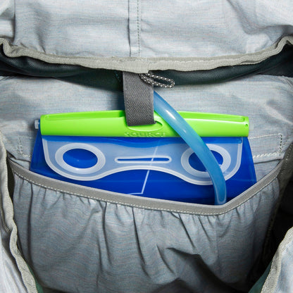 Close up of hydration system (not included) tucked in special pouch on 32 litre Tatonka branded Yukon 32 JR pack