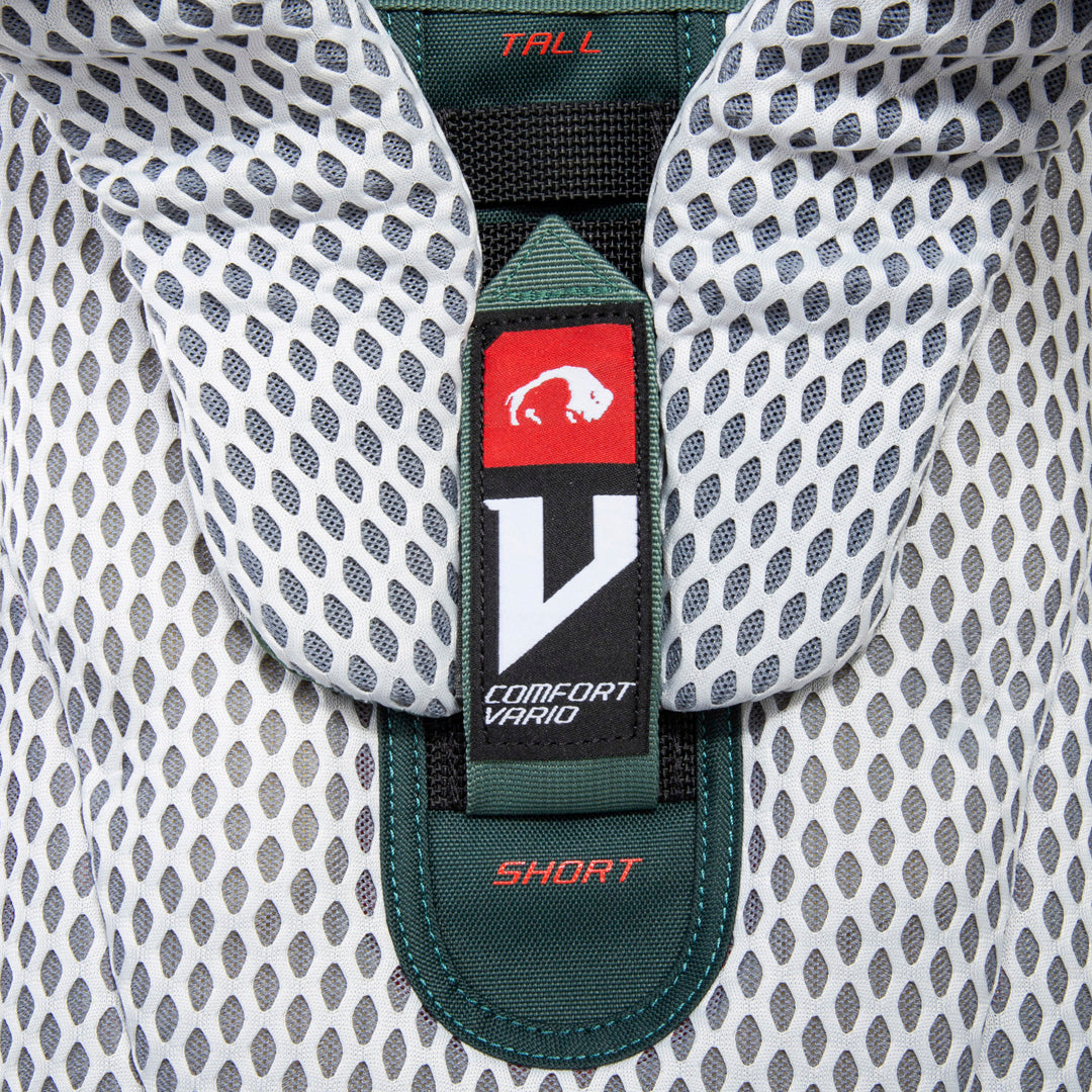 Close up view of V Comfort Vario carrying system on 32 litre Tatonka branded Yukon 32 JR pack set at the shortest height setting
