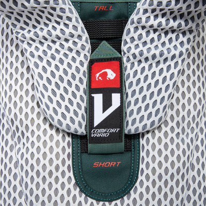 Close up view of V Comfort Vario carrying system on 32 litre Tatonka branded Yukon 32 JR pack set at the shortest height setting