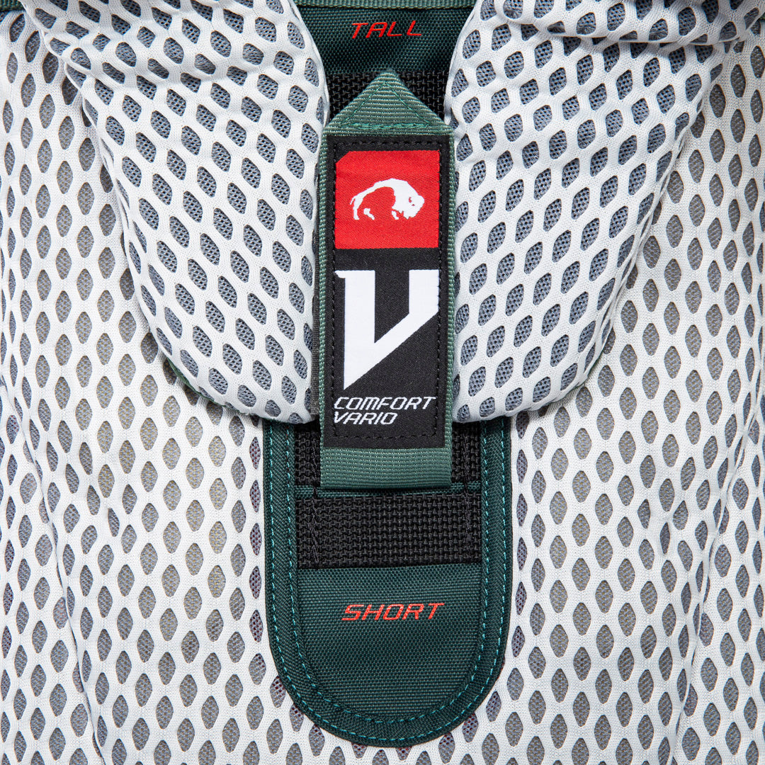 Close up view of V Comfort Vario carrying system on 32 litre Tatonka branded Yukon 32 JR pack set at second to shortest height setting