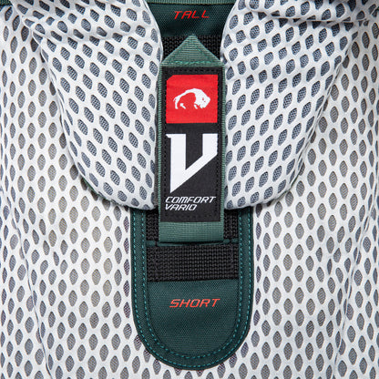 Close up view of V Comfort Vario carrying system on 32 litre Tatonka branded Yukon 32 JR pack set at second to shortest height setting
