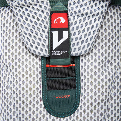 Close up view of V Comfort Vario carrying system on 32 litre Tatonka branded Yukon 32 JR pack set at third to shortest height setting