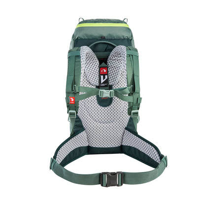 Back view of 32 litre Tatonka branded Yukon 32 JR pack with V Comfort Vario carrying system including length-adjustable for body sizes from age 8 through to smaller adults, padded hip belt for proper weight transfer, carrying handle, single-handed hip belt adjustment through redirected fixation design and height-adjustable chest strap – Sage Green