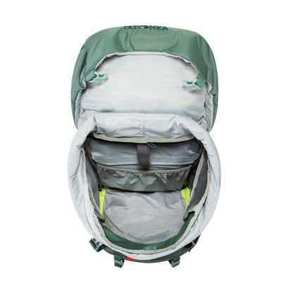 Overhead view of 32 litre Tatonka branded Yukon 32 JR pack showing main compartment plus pouch to hold hydration system - Sage Green