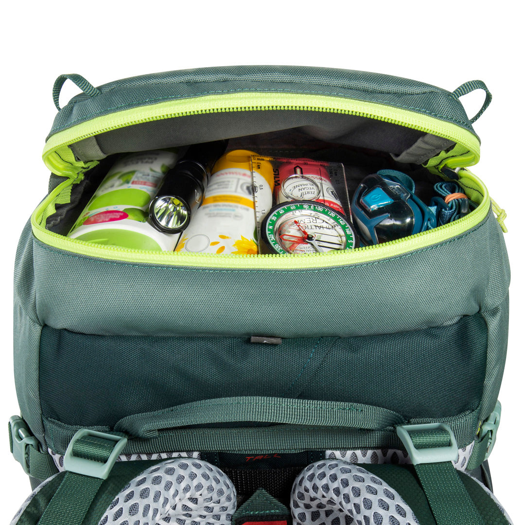 Back view of 32 litre Tatonka branded Yukon 32 JR pack lid compartment with key holder - Sage Green