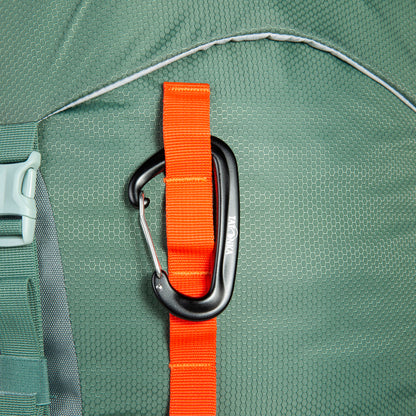 Close up of carabiner hooked through daisy chain on front of 32 litre Tatonka branded Yukon 32 JR pack – Sage Green